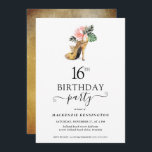 Elegant Floral Gold High Heels 16th Birthday Invitation<br><div class="desc">Modern Elegant Gold Tropical Floral Gold High Heels Sweet Sixteen 16th Birthday Party Invitation featuring our glamourous glitzy watercolor gold high heel surrounded by pink and green tropical flowers. The background is a luxurious watercolor gold wash. Easy to customize with your information for a simply elegant birthday party invitation. Please...</div>