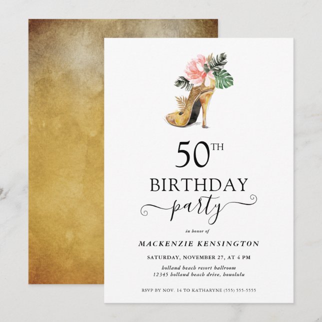 Elegant Floral Gold High Heels 50th Birthday Invitation (Front/Back)