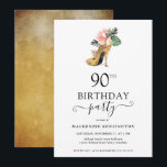 Elegant Floral Gold High Heels 90th Birthday Invitation<br><div class="desc">Modern Elegant Gold Tropical Floral Gold High Heels 90th Birthday Party Invitation featuring our glamourous glitzy watercolor gold high heel surrounded by pink and green tropical flowers. The background is a luxurious watercolor gold wash. Easy to customize with your information for a simply elegant birthday party invitation. Please contact us...</div>