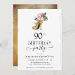 Elegant Floral Gold High Heels 90th Birthday Invitation<br><div class="desc">Modern Elegant Gold Tropical Floral Gold High Heels 90th Birthday Party Invitation featuring our glamourous glitzy watercolor gold high heel surrounded by pink and green tropical flowers. The background is a luxurious watercolor gold wash. Easy to customize with your information for a simply elegant birthday party invitation. Please contact us...</div>