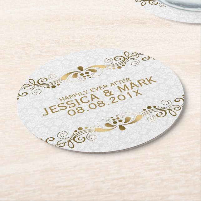 Elegant Floral Gold Lace With White Damasks 2 Round Paper Coaster (Angled)