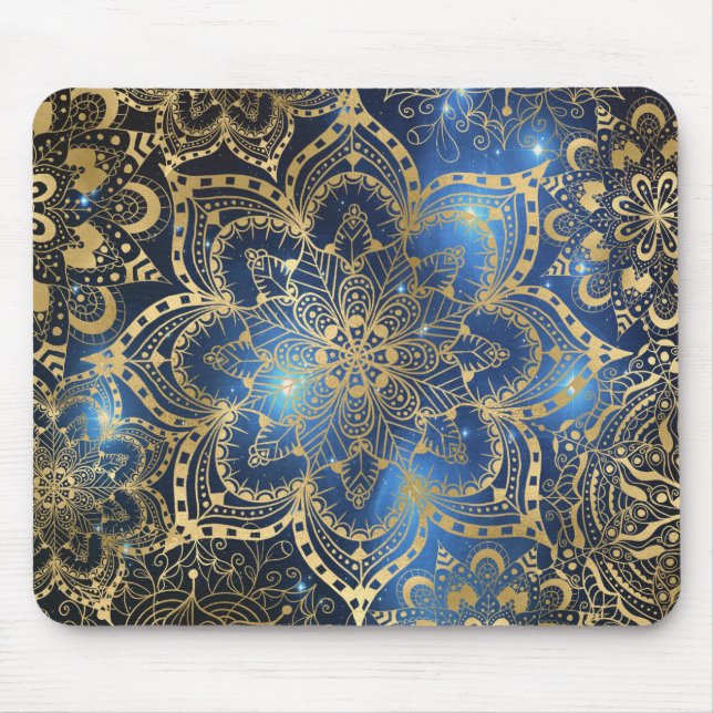 Elegant Floral Gold Mandala Blue Galaxy Mouse Pad (Front)