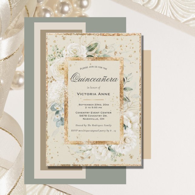 Elegant Floral Gold Modern Quinceañera Invitation (Creator Uploaded)