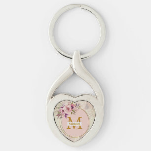 Elegant Floral Gold Monogram Heart, Name & Initial Keychain