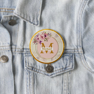 Elegant Floral Gold Monogram   Name & Initial 3 Inch Round Button