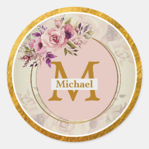 Elegant Floral Gold Monogram   Name & Initial Classic Round Sticker