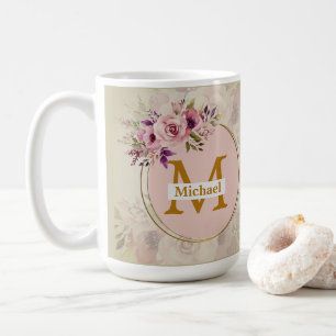 Elegant Floral Gold Monogram Name & Initial Coffee Mug