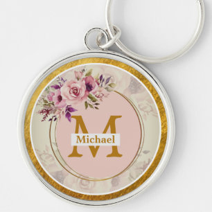 Elegant Floral Gold Monogram Name & Initial Keychain