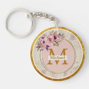 Elegant Floral Gold Monogram Name & Initial Keychain