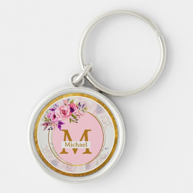 Elegant Floral Gold Monogram | Name & Initial Keychain (Front)