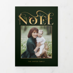 Elegant Floral Gold Noel Typography Photo Tri-Fold Card