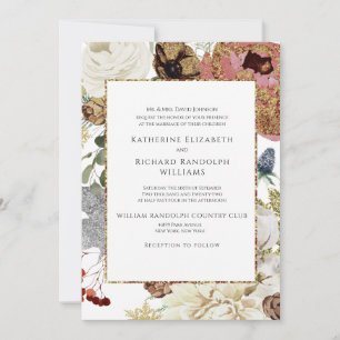 Elegant Floral & Gold One Venue Wedding Invitation