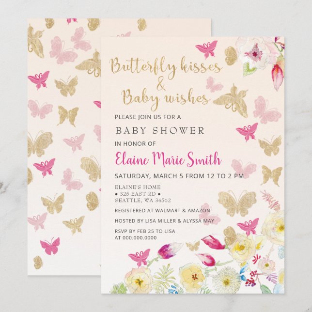 Elegant Floral Gold Pink Butterflies Baby Shower  Invitation (Front/Back)