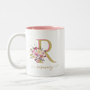 Elegant Floral Gold Pink YOUR Monogram Name Two-Tone Coffee Mug