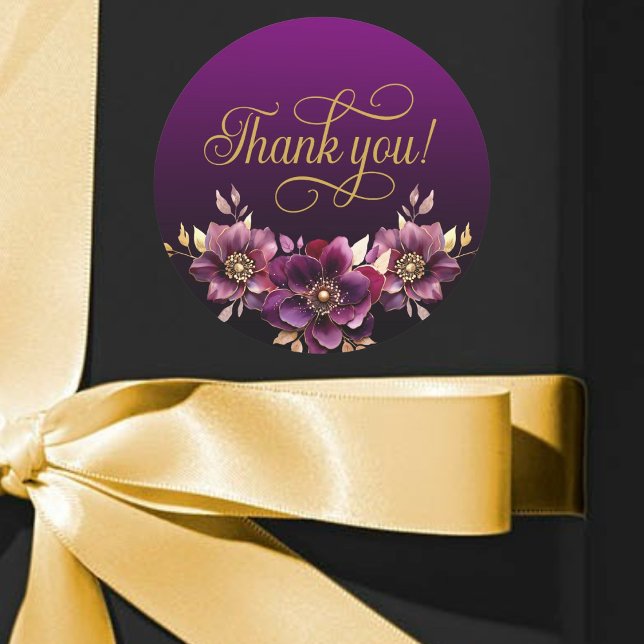 Elegant Floral Gold Script Thank you Purple Classic Round Sticker (Creator Uploaded)