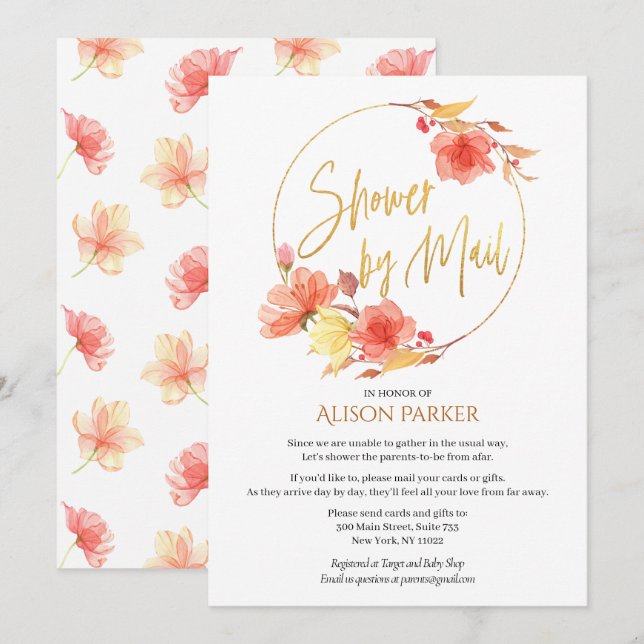 Elegant Floral Gold Script Watercolor Baby Shower Invitation (Front/Back)