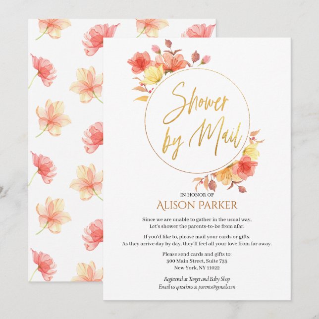 Elegant Floral Gold Script Watercolor Baby Shower Invitation (Front/Back)
