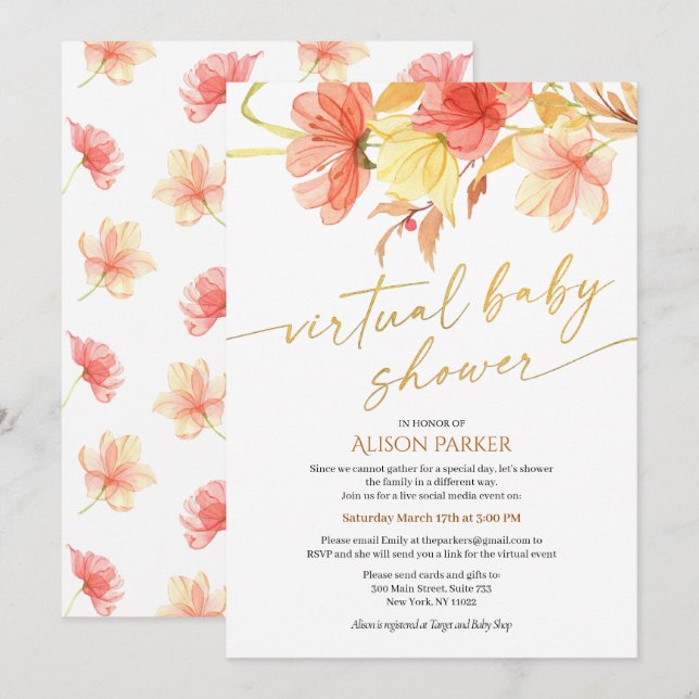 Elegant Floral Gold Script Watercolor Virtual Invitation (Front/Back)