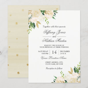 Elegant Floral Gold Watercolor Wedding Invitation