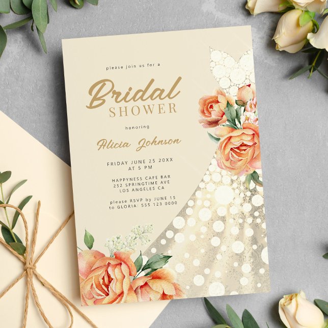 Elegant floral gold wedding dress bridal shower invitation (Creator Uploaded)