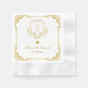 Elegant Floral Gold Wedding Monogram Cocktail Napkin