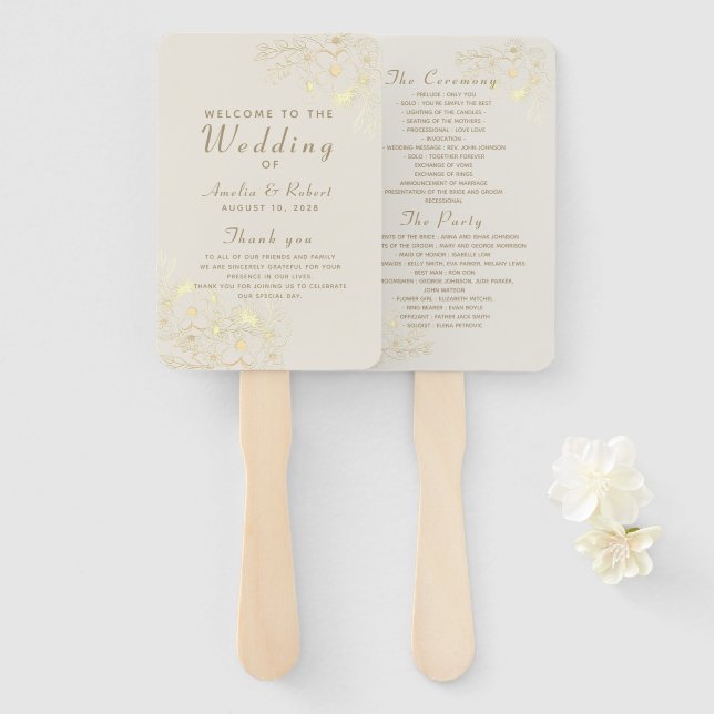 Elegant Floral Gold Wedding Program Hand Fan (Front and Back)