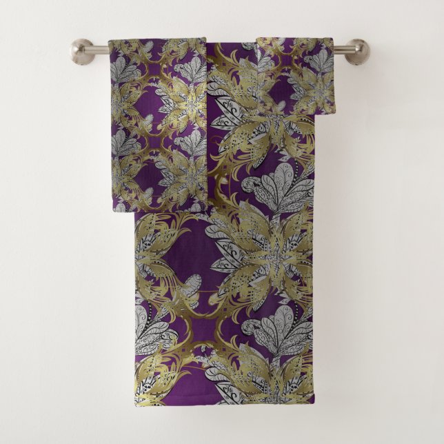 Elegant Floral Golden elemenT Lilac Background Bath Towel Set (Insitu)