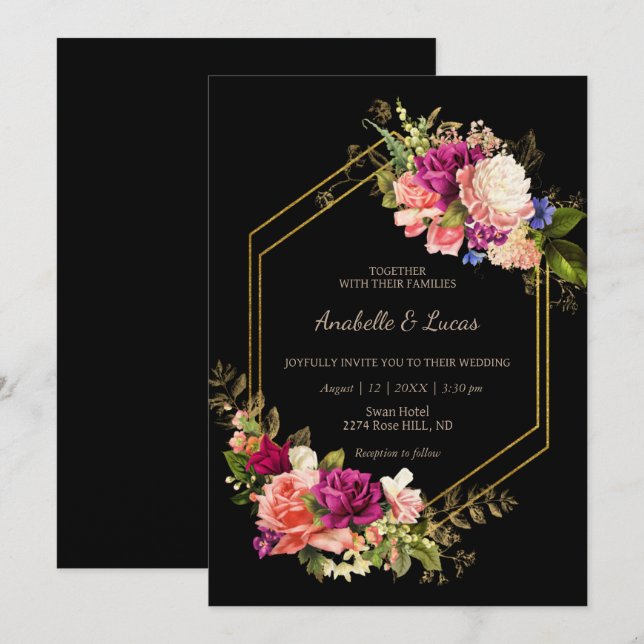 Elegant floral golden frame wedding invitation  (Front/Back)