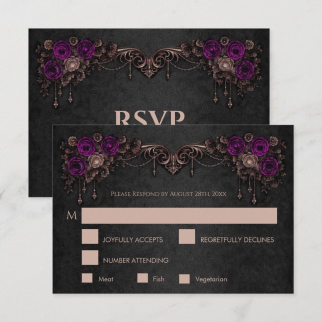 Elegant floral gothic Wedding RSVP Card (Devant / Derrière)