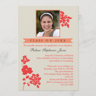 Elegant Floral Graduation Photo Invitation Coral/I