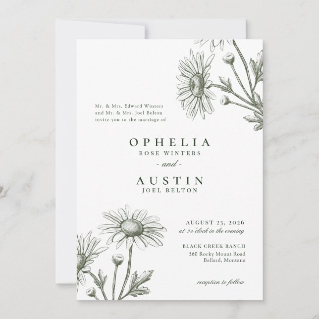 Elegant Floral Green Daisy Sketch Wedding Invitati Invitation (Front)