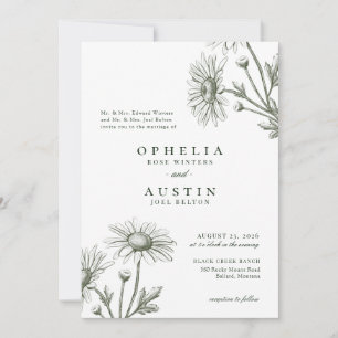 Elegant Floral Green Daisy Sketch Wedding Invitati Invitation