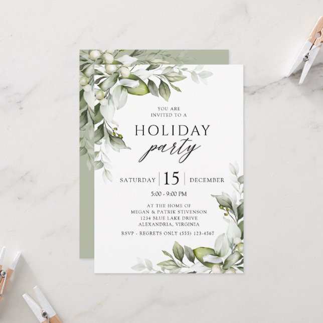 Elegant Floral Greenery Holiday Party  Invitation (Front/Back In Situ)