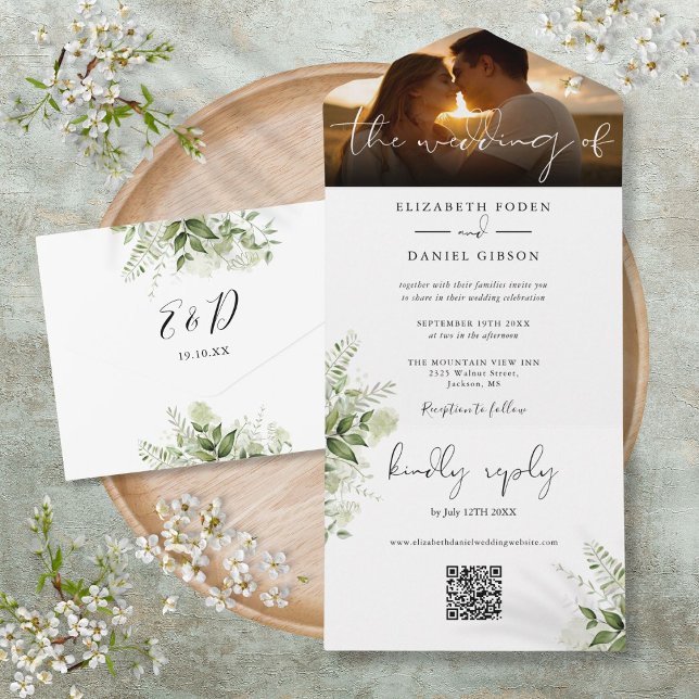 Elegant Floral Greenery QR Code Wedding Photo All In One Invitation (Elegant Floral Greenery QR Code Wedding Photo All In One Invitation)