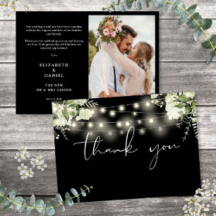 Elegant Floral Greenery String Lights Photo Thank You Card