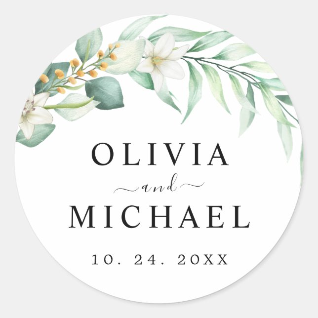 Elegant Floral Greenery Wedding  Classic Round Sticker (Front)