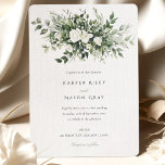 Elegant Floral Greenery Wedding Invitation<br><div class="desc">This beautifully crafted wedding invitation presents an exquisite botanical motif, featuring a lush arrangement of ivory roses, eucalyptus, and a variety of green foliage. The colour palette is a sophisticated blend of creams, soft whites, sage greens, and deep forest hues, creating a natural and serene atmosphere. With a classic typeface...</div>