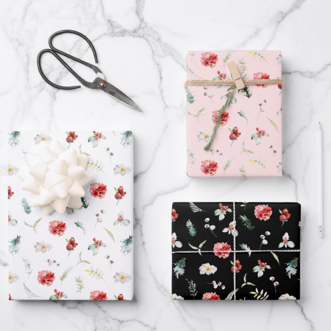 Elegant Floral Greenery Winter Pattern Wrapping Paper Sheet (Front)