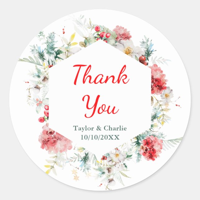 Elegant Floral Greenery Winter Wedding Classic Round Sticker (Front)