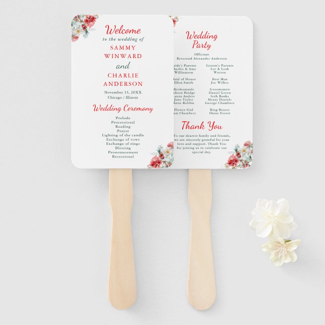 Elegant Floral Greenery Winter Wedding Program Hand Fan (Front and Back)