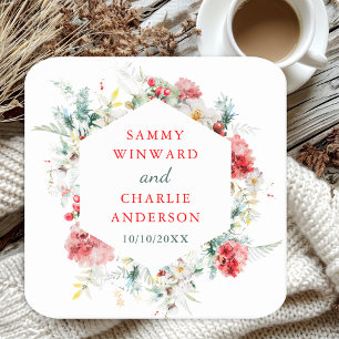 Elegant Floral Greenery Winter Wedding Square Pape Paper Coaster