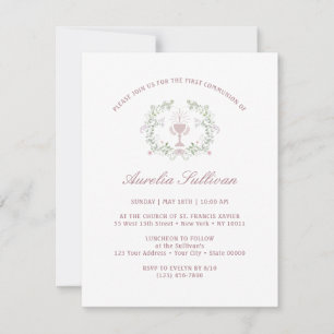 Elegant Floral Greenery Wreath First Communion Invitation