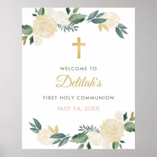 Elegant Floral Greenery Wreath First Communion Poster