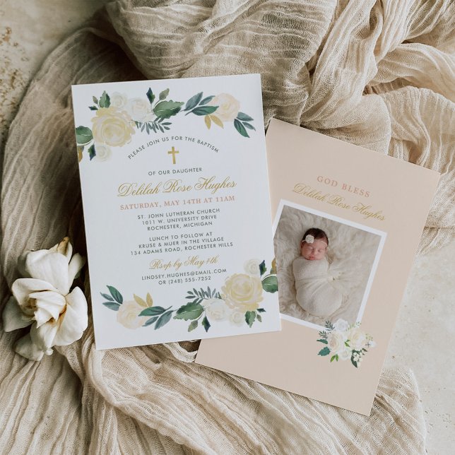 Elegant Floral Greenery Wreath Watercolor Baptism Invitation (Creator Uploaded)