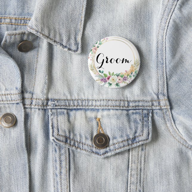 Elegant Floral Groom Button – Custom Text (In Situ)