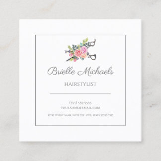 Elegant Floral Haircutting Scissors Hair Stylist Square Business Card