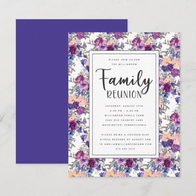 Elegant Floral Hand-Lettered Script Family Reunion Invitation (Front/Back)