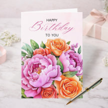 Elegant Floral Happy Birthday Card | Pink Peonies