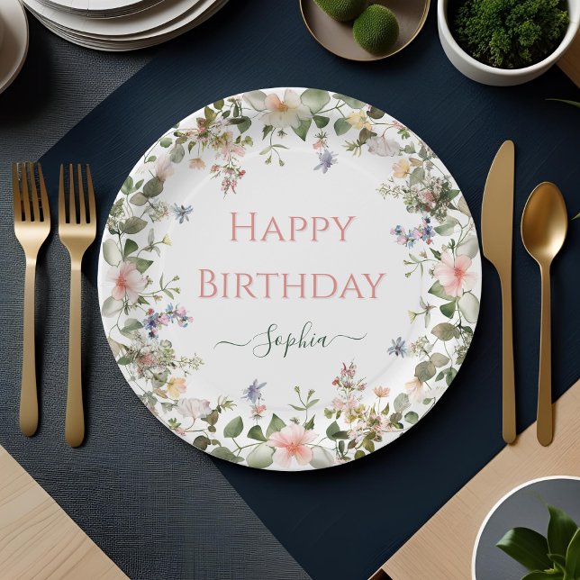 Elegant Floral Happy Birthday – Personalized Party Paper Plate (Creator Uploaded)