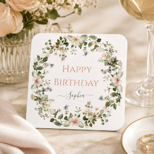 Elegant Floral Happy Birthday – Personalized Party Square Paper Coaster